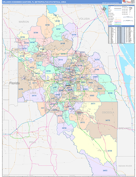 Orlando-Kissimmee-Sanford Metro Area Wall Map